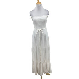 2bella Dress Women M Medium White Smocked Bodice Strapless Waist Tie Tiered Maxi
